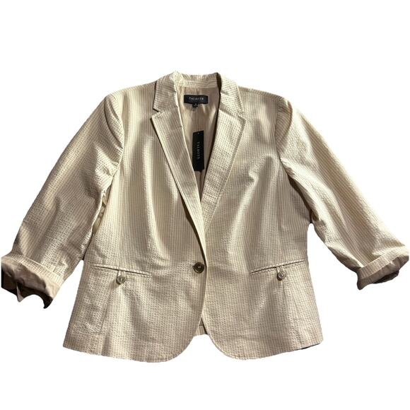 NEW Talbots Ivory Khaki Striped Blazer Jacket Sz 16 Single Button 3/4 Sleeve - Picture 5 of 8